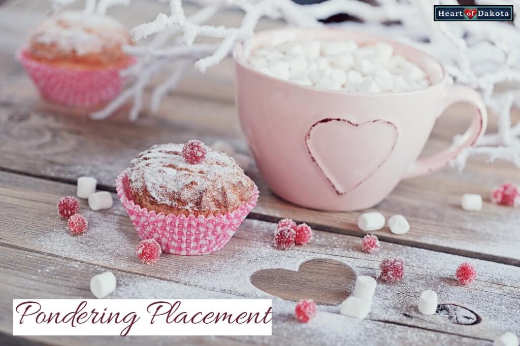 Heart of Dakota Pondering Placement - photo of a light pink ceramic mug with hot chocolate and marshmallows inside. It sits on a faded grey wooden table with flour dusted light on it. Scattered on the tabletop are frosted berries and cupcakes.